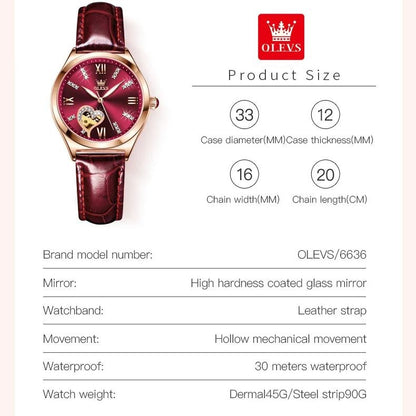 OLEVS 6636 Luxury Women Watch Fully Automatic Hollow Design Diamond Heart shaped Watch Elegant Mechanical Women Bracelet Watch