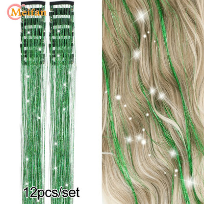 12 Peças/conjunto de Extensões de Cabelo Colorido com Glitter, Presilha de Cabelo Sintética Brilhante e Cintilante, Acessórios de Cabelo para Festas