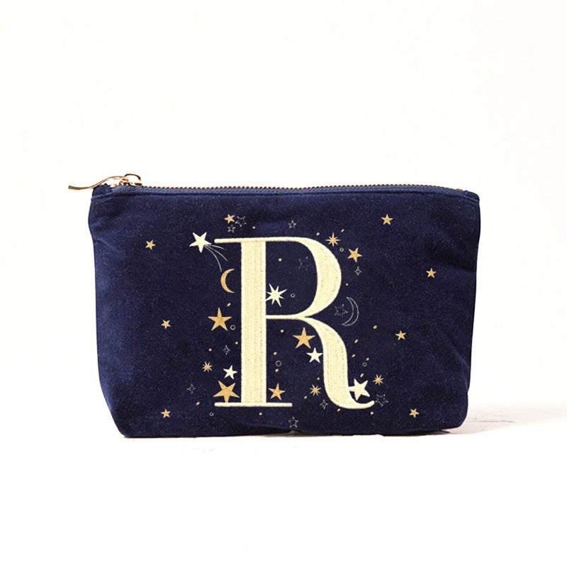 Alphabet Print Velvet Clutch Makeup Bag - Fashionable Cosmetic Pouch with Glittering Star Motif