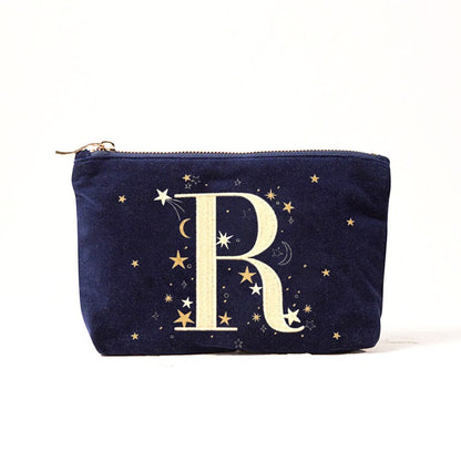 Alphabet Print Velvet Clutch Makeup Bag - Fashionable Cosmetic Pouch with Glittering Star Motif