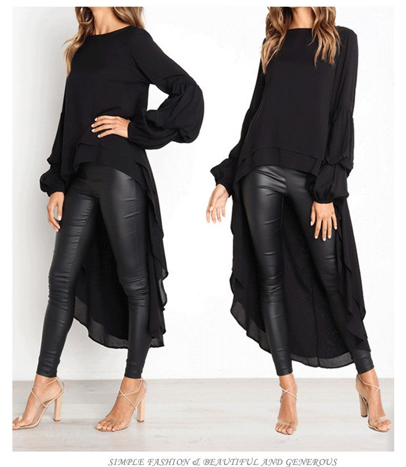 Elegant Solid Color Chiffon Shirts Women O Neck Lantern Sleeves Irregular Long Blouses Tops Temperament Lady Commuting Clothing