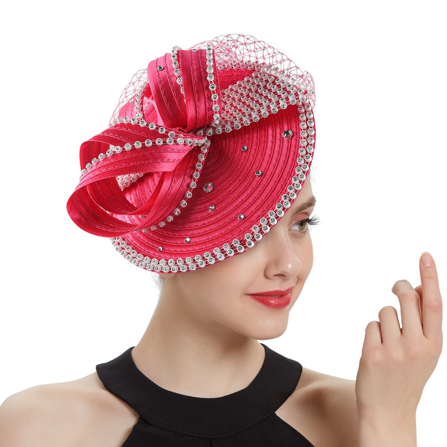 Fascinator de Cetim Perfeito Acessórios de Cabelo Chiques Multicores Chapéus para Kentucky Derby Chapéu para Chá da Tarde Touca de Strass com Véu