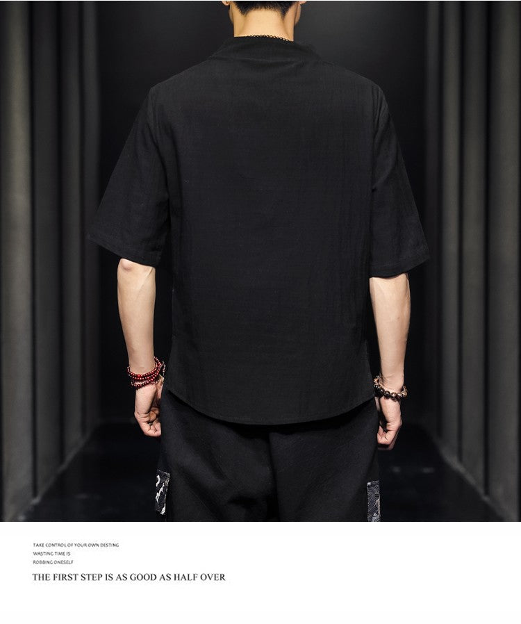 2023 Men Summer Cotton Linen Tang Shirt Men Chinese Style Button Short-Sleeved Shirts Male Blouse Vintage Kung Fu Hawaiian Shirt