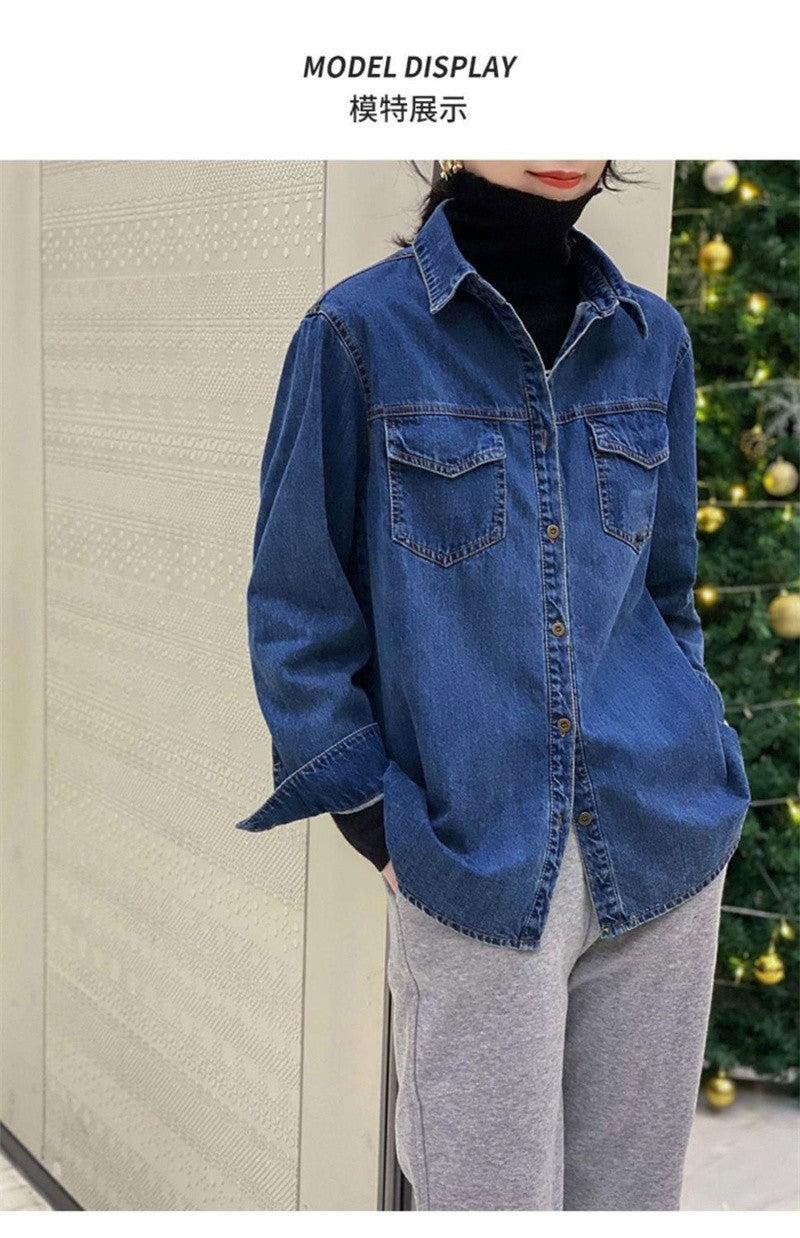 Korean Women Long Sleeve Jeans Shirt With Bottom Tops Coat Retro Style Female Spring Loose Cowboy Cardigan Blouse Denim  Jacket