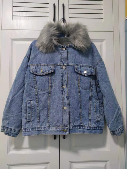 Winter Women Warm Basic Coat Big Fur Collar Denim Jacket Female Cold Motorcycle Jackets Outerwear Fleece Thick Casual Overcoat