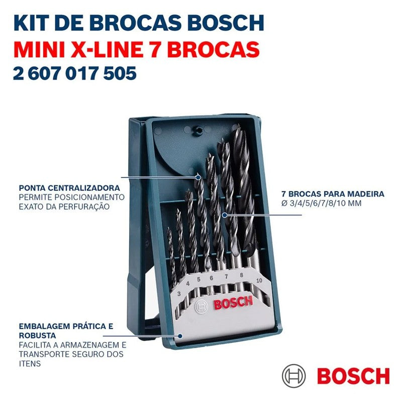 BOSCH 2607017505 Conjunto de 7 Brocas para Madeira Mini-X-Line 3-10mm Acessórios para Ferramentas Elétricas Bosch