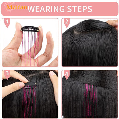12 Peças/conjunto de Extensões de Cabelo Colorido com Glitter, Presilha de Cabelo Sintética Brilhante e Cintilante, Acessórios de Cabelo para Festas