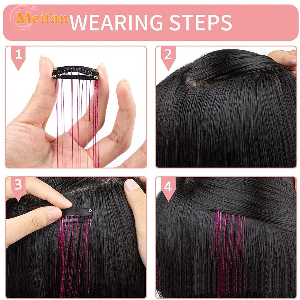 12 peças/conjunto de enfeites de cabelo com presilha, extensões de cabelo sintéticas brilhantes cintilantes, acessórios de cabelo para festa com efeito fada