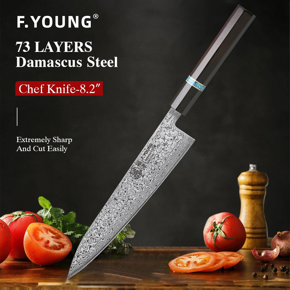 F.YOUNG 8.2-inch Handmade Chef Knife Damascus Steel Sharp Meat Vegetable Cleaver Gyuto Knife Japanese Hand Forged Kitchen Knives