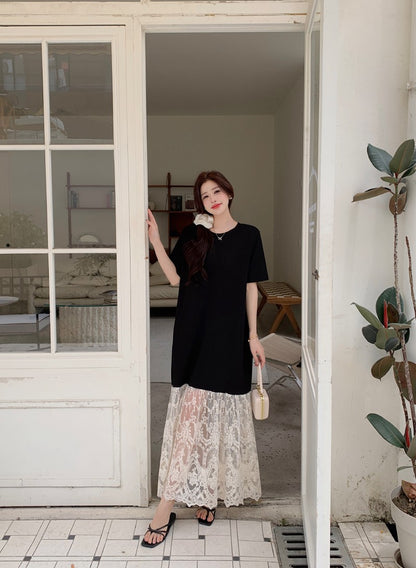 NYFS plus Size Women's Lave Patchwork Dress Summer 2025 Loose Long Dresses Robe Elbise Short Sleeve Korean Style Floral Hem