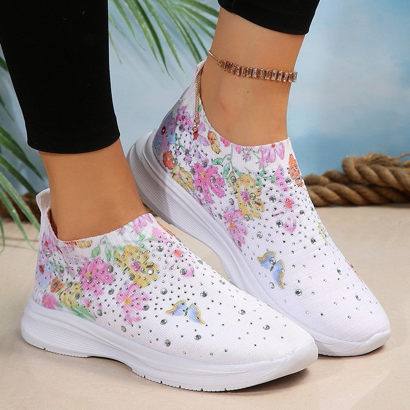 Floral Crystal Decor Slip On Sneakers Women Plus Size 35-43 Breathable Mesh Sports Shoes Woman Comfortable Soft Sole Flats Shoes