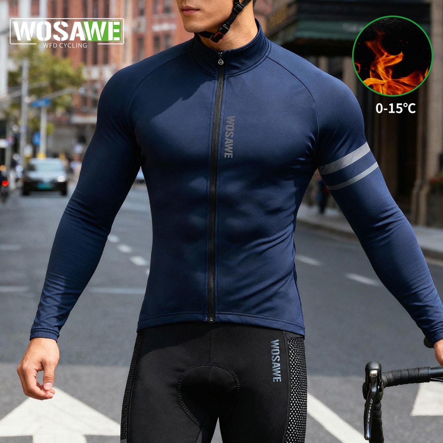 WOSAWE Men's Cycling Jersey Winter Thermal Long Sleeve Fleece MTB Cycling Jacket Bicycle Top Bike Clothing with 3 Rear Pockets
