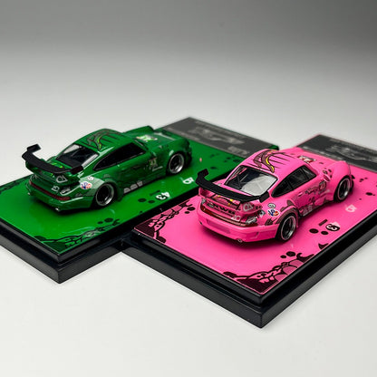 In-Stock Flame 1:64 Rwb 993 964 Pink/Green Dinosaur Paint Simulation Alloy Miniature Die-Cast Car Model Custom Children Toy Gift