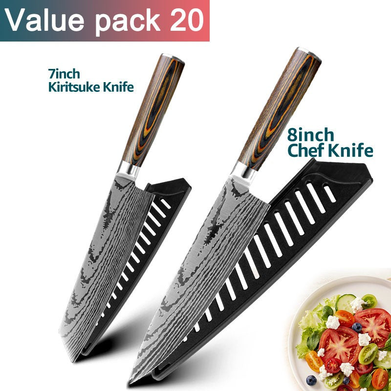 Conjunto de Facas de Cozinha 1-7PÇS Faca de Chef Japonesa Santoku 7CR17 Aço Inoxidável 440C Faca de Imitação de Damasco Cutelo de Carne Fatiador