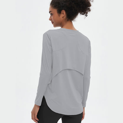 Quick drying Ice Silk Yoga Hoodie Round Neck Loose Breathable Coat Versatile Sports Long Sleeve T-shirt