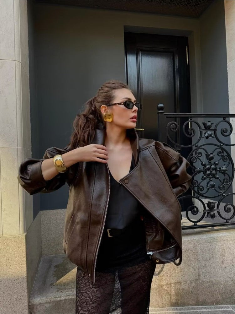 NERHEFZ Women Leather Jacket with Zipper Autumn Asymmetry Turn Down Collar Long Sleeve Button Lady Coats Causal Female Chic Tops