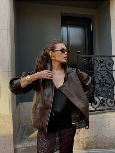 NERHEFZ Women Leather Jacket with Zipper Autumn Asymmetry Turn Down Collar Long Sleeve Button Lady Coats Causal Female Chic Tops