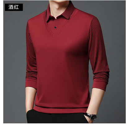 Fashion Fake Two-piece Men Long Sleeve Shirt Stripe Splice Lapel Loose Casual Pullover Tops 2025 Male Formal Business Polo Shirt