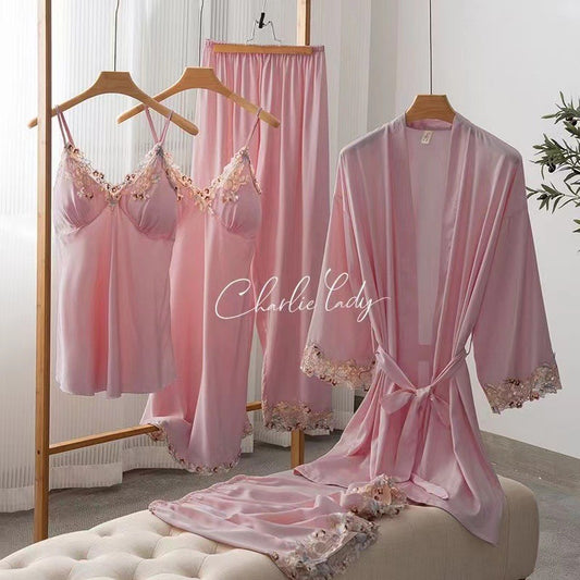 Women's Ice Silk Nightgown Set - Spring/Fall Long-Sleeve Robe Sexy Pure Desire Style with Padded Strapless Nightdress and Pants