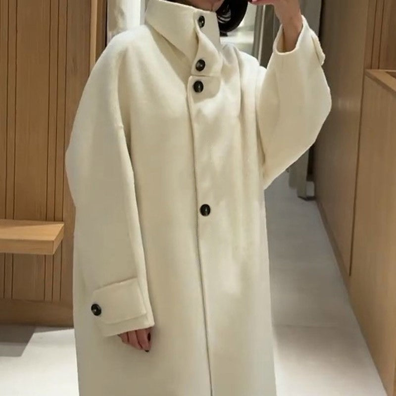 Elegant Women's Overcoat Stand Collar Single Breasted Full Sleeve Solid Female Long Coats 2025 Autumn Fashion Chic Lady Outwear