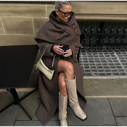 Women Shoulder Pad Wool Long Coats Fashion Lapel Single-breasted Long Sleeve Coat Chic 2025 Autumn Lady Commute Street Outerwear