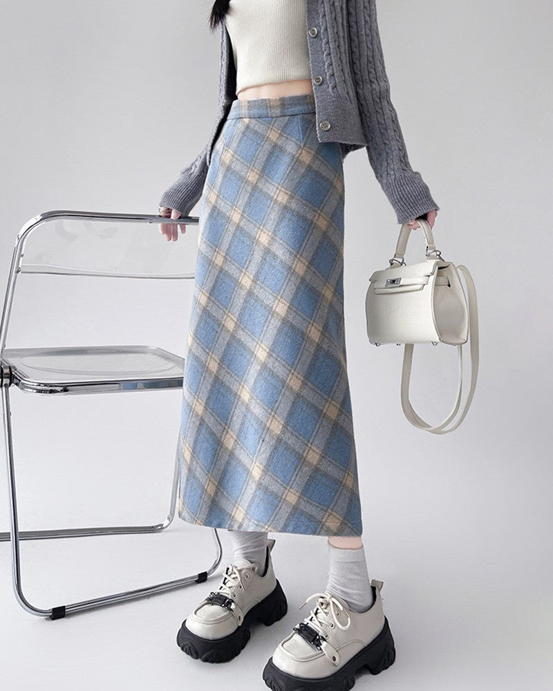 2025 Autumn Vintage Woolen Plaid Skirts Lady Elegant High Waist Slimming A-Line Skirt Women Korean Streetwear Slit Long Skirt