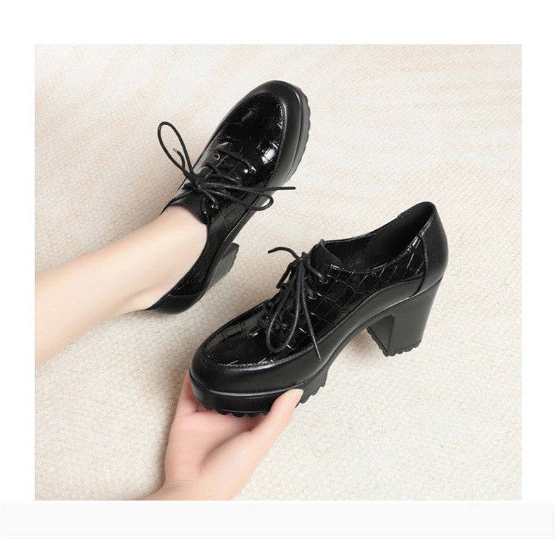 Deep Mouth Soft Leather Shoes Women Oxfords Platform Pumps High Heels Shoes Black Lace up Office Work Pumps Shoes Comfortable
