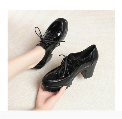 Deep Mouth Soft Leather Shoes Women Oxfords Platform Pumps High Heels Shoes Black Lace up Office Work Pumps Shoes Comfortable