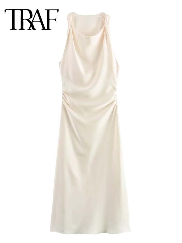 TRAF Satin Long Dresses for Women 2024 Summer Slip Midi Dress Woman Sexy Evening