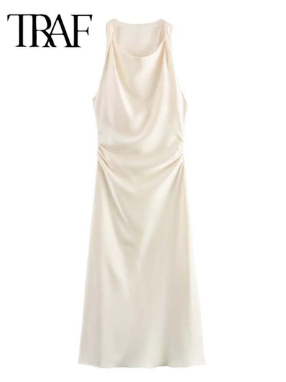 TRAF Satin Long Dresses for Women 2024 Summer Slip Midi Dress Woman Sexy Evening