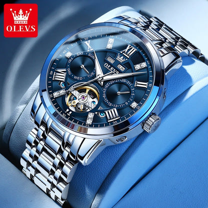 OLEVS Men's Watches Skeketon Flywheel Automatic Mechanical Original Wristwatch for Man Waterproof Luminous Perpetual Calendar