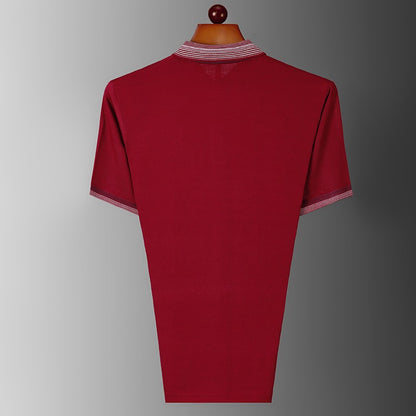 Summer men's short sleeved pure cotton lapel T-shirt polo shirt, middle-aged and elderly loose casual striped T-shirt