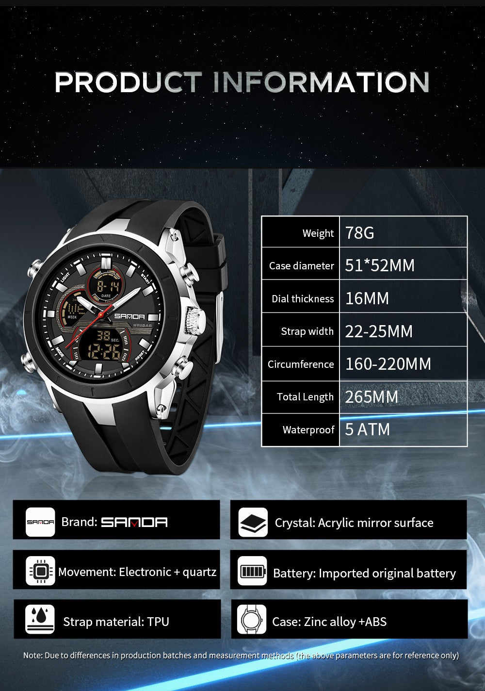 SANDA Mens Watches Countdown Waterproof Alarm Clock Wristwatch Multifunctional Luminous Men Quartz Digital Watch Alarm Clock