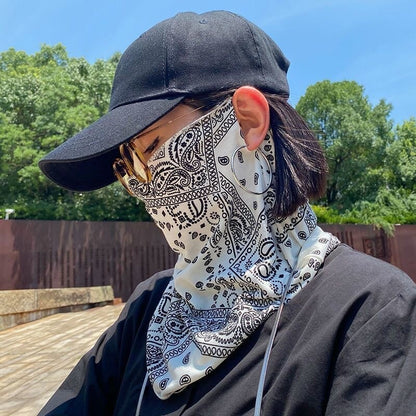 2025 Ear Hanging Sunscreen Mask for Men, Full Face Cashew Sunscreen with Perforated Neck Protection, Riding Face Towel for Moto