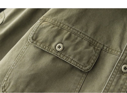 2025 Spring New American Retro Heavyweight Woven Cargo Shirt Men's Simple 100% Cotton Washed Double Pocket Blousers Loose Caot