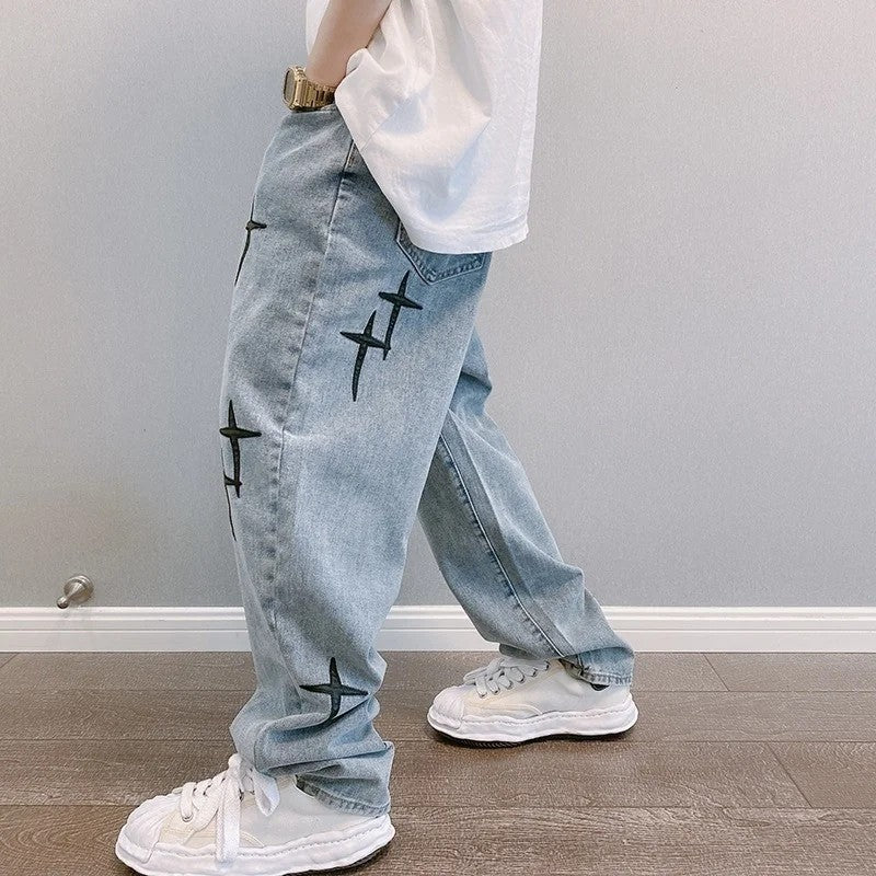 Nova Calça Jeans Masculina Larga Bordada Moda Solta Calça Jeans Streetwear Hip Hop Reta Perna Larga Calça Casual Roupa Masculina
