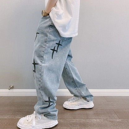 Nova Calça Jeans Masculina Larga Bordada Moda Solta Calça Jeans Streetwear Hip Hop Reta Perna Larga Calça Casual Roupa Masculina