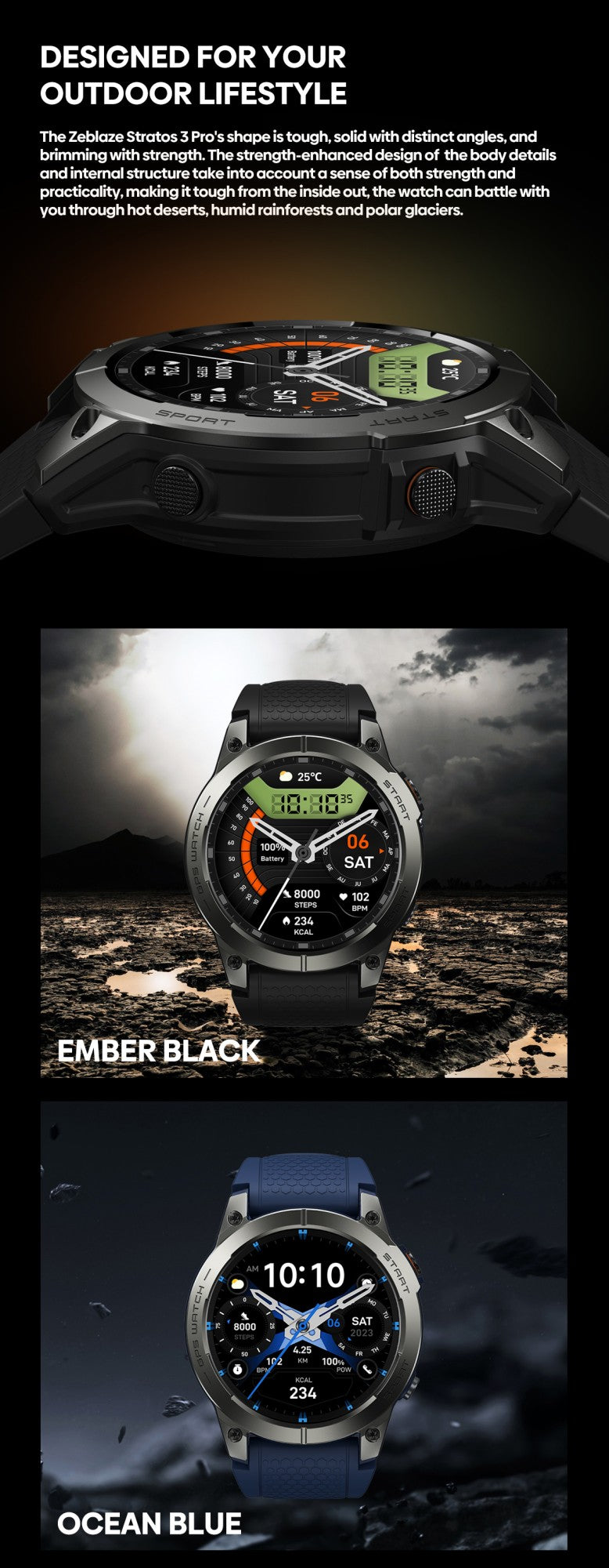 Zeblaze Stratos 3 PRO GPS Smart Watch 1.43" AMOLED Display Bluetooth Phone Calls Health Monitor Smartwatch Sports Route Display