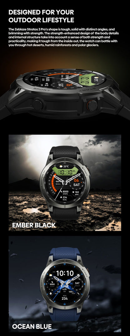 Zeblaze Stratos 3 PRO GPS Smart Watch 1.43" AMOLED Display Bluetooth Phone Calls Health Monitor Smartwatch Sports Route Display