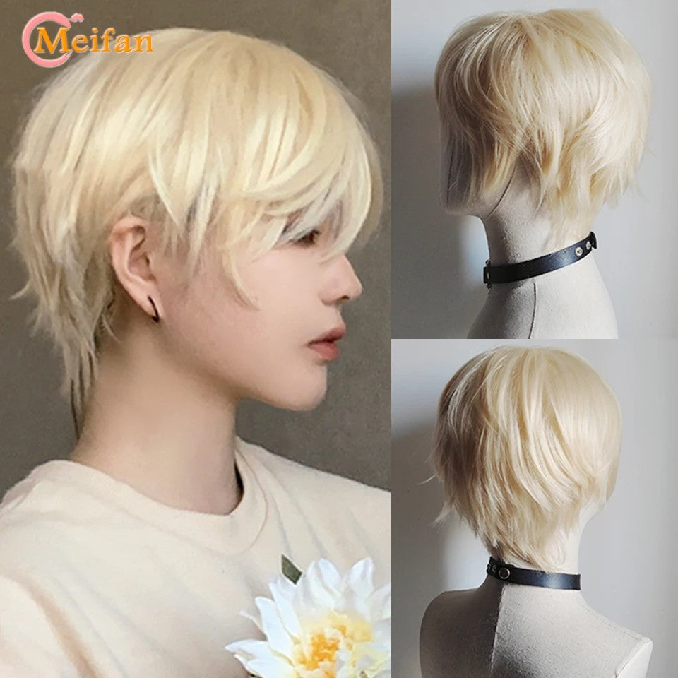 Peruca MEIFAN Sintética Curta para Cosplay Lolita Anime Masculina Cabelo Liso Masculino Fibra de Alta Temperatura Rosa Azul Louro Ombré Preto Peruca