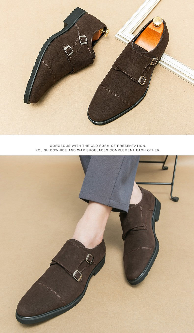 New Brown Loafers Flock Double Buckle Monk Shoes Black Square Toe Slip-On Business Men Dress Shoes Size 38-46 Free Shipping