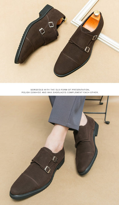 New Brown Loafers Flock Double Buckle Monk Shoes Black Square Toe Slip-On Business Men Dress Shoes Size 38-46 Free Shipping