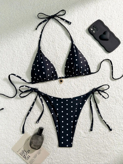 Sexy Bikini Set Black White Polka Dot 2 Piece Swimsuit for Women American Style Beach Bikini