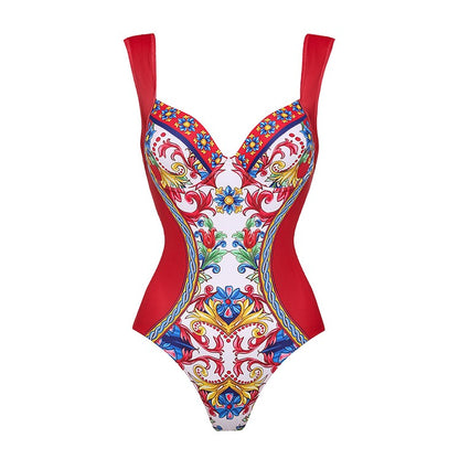 2024 Vintage Pattern Printed One Piece Swimsuit Swimwear Bikini Set Women Beachwear Clearance Wholesale