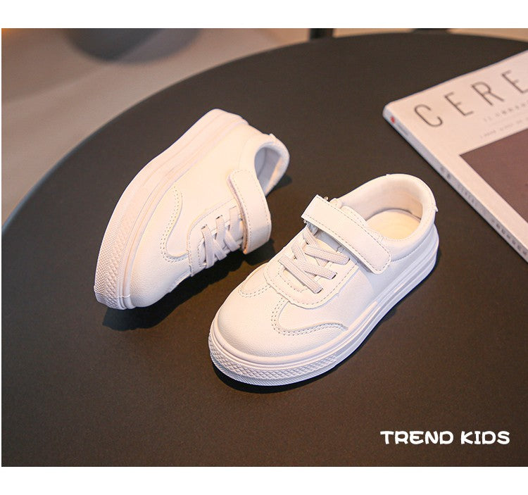 Children Casual Shoes White Pu Leather Plain Design School Kids Sneakers Unisex All-match 26-36 Four Seasons Boys Girls Shoes