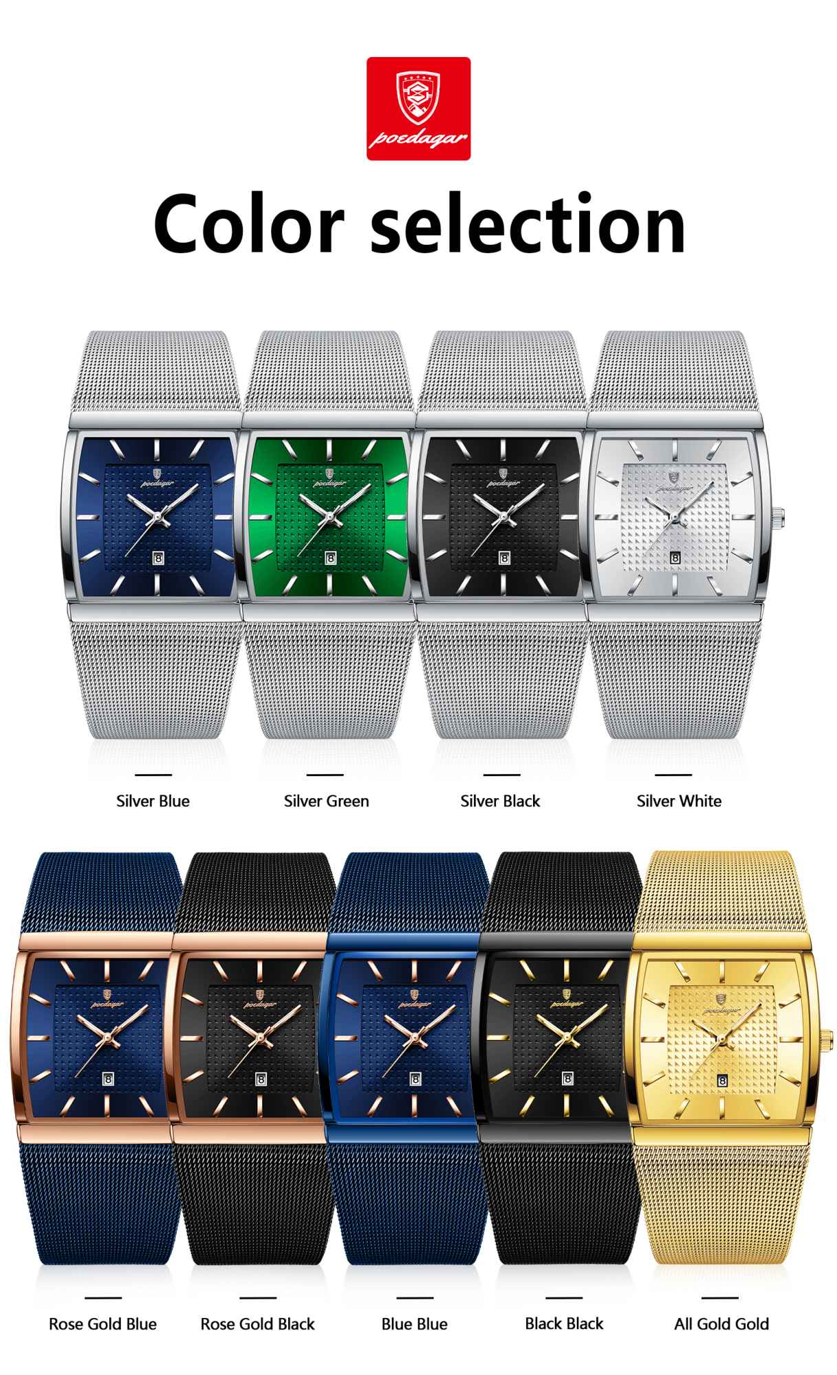 POEDAGAR Top Luxury Men Watch Stainless Steel Mesh Date Waterproof Luminous Man Wristwatch Casual Rectangle Quartz Men's Watches