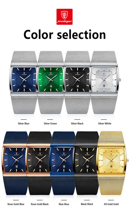POEDAGAR Top Luxury Men Watch Stainless Steel Mesh Date Waterproof Luminous Man Wristwatch Casual Rectangle Quartz Men's Watches