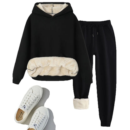 Winter Men Solid Thickened Lamb Velvet Hoodies Set Warm Fleece Sweatshirt Sweatpants 2pcs Thickened Casual Tracksuit