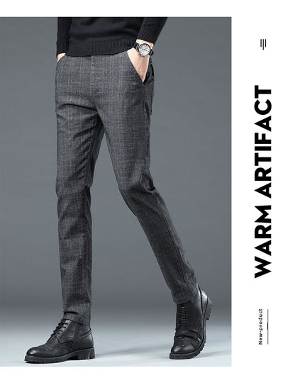 Autumn Winter New Fleece Thickened Casual Pants Men Business Straight Slim Plaid Pants Black Gray Men's Warm Trousers