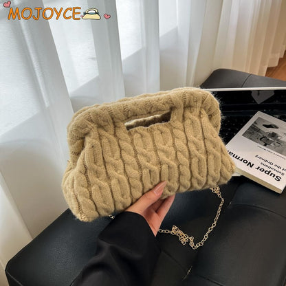 Women Knitting Chain Shoulder Bags Trend Crochet Clutch Purse Plush Cloud Handbags Autumn Winter Travel Daily Crossbody Bags